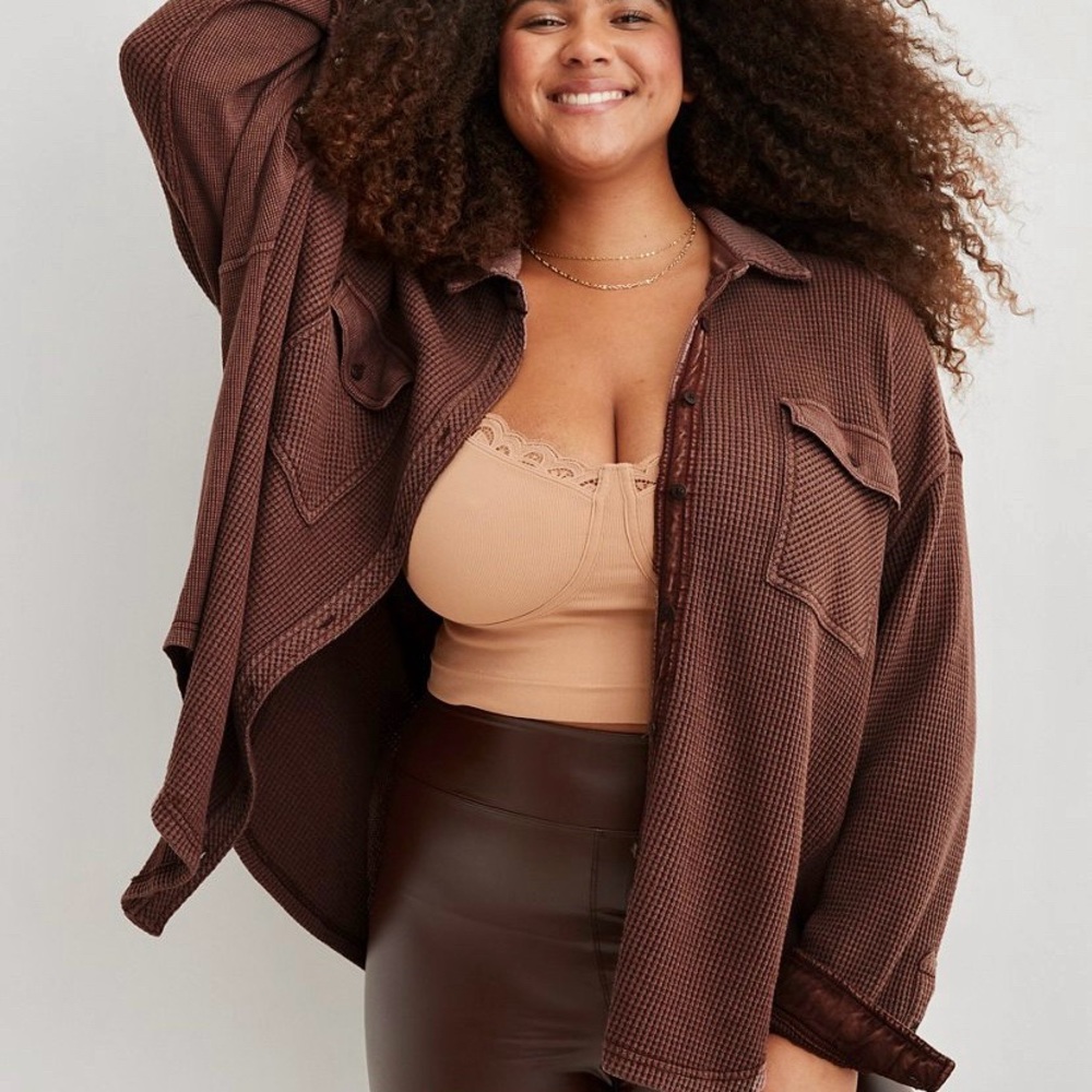American Eagle Aerie Lumberjane Waffle Button Down Shirt Oversized Cozy Brown M